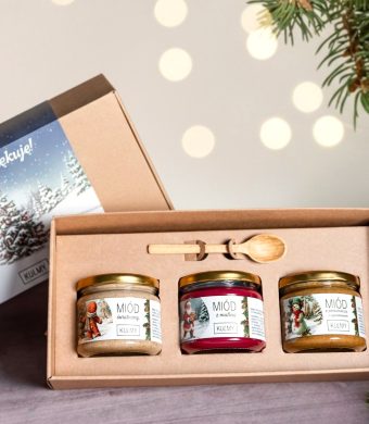 Zestaw trzech miodów od Kulmy w otwartym opakowaniu