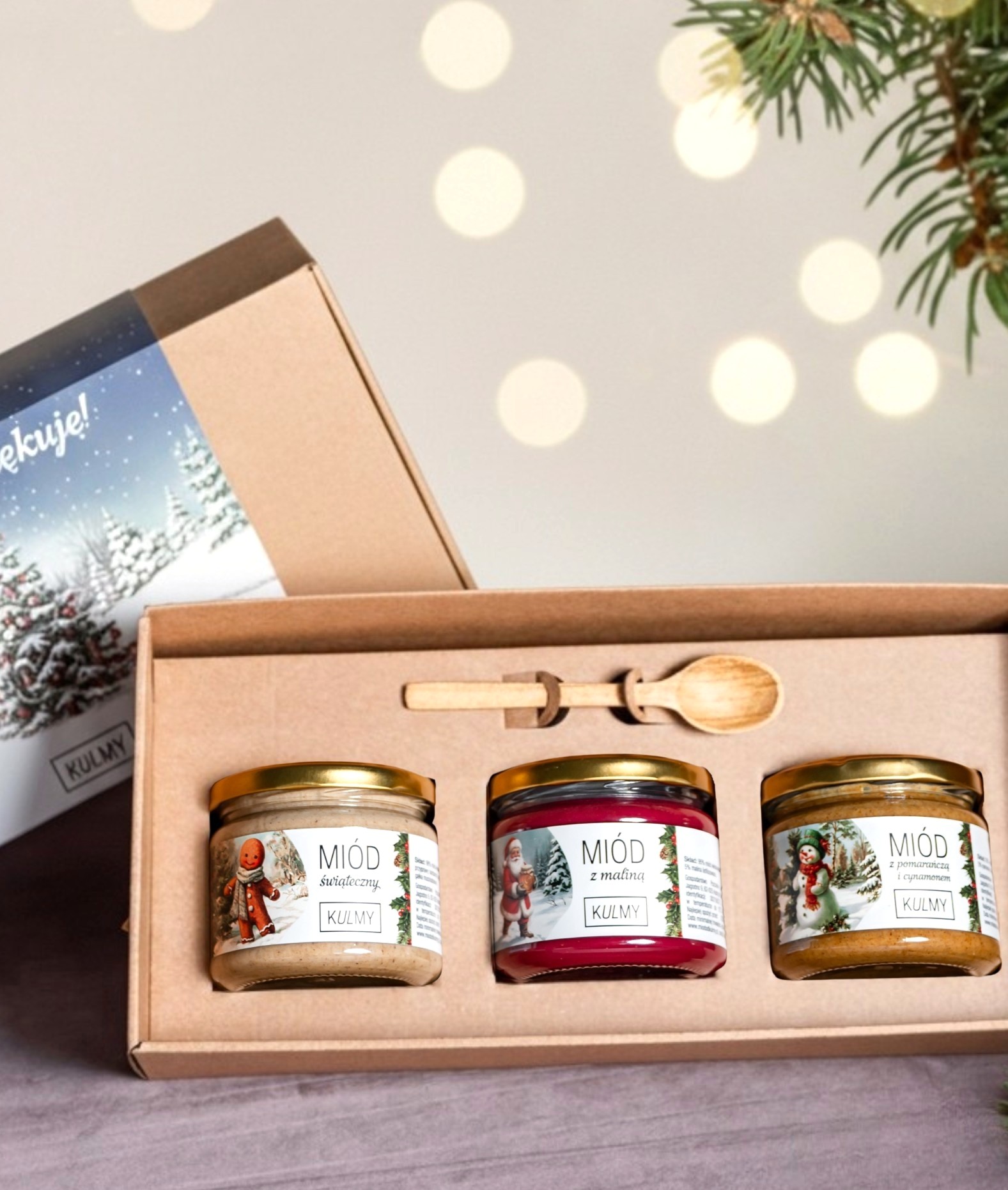 Zestaw trzech miodów od Kulmy w otwartym opakowaniu